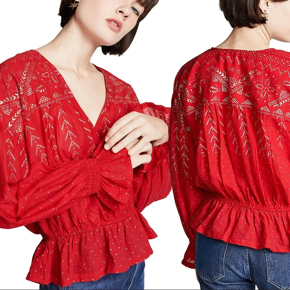 Free People Counting Stars Long Sleeve Boho Blouse in Red XS